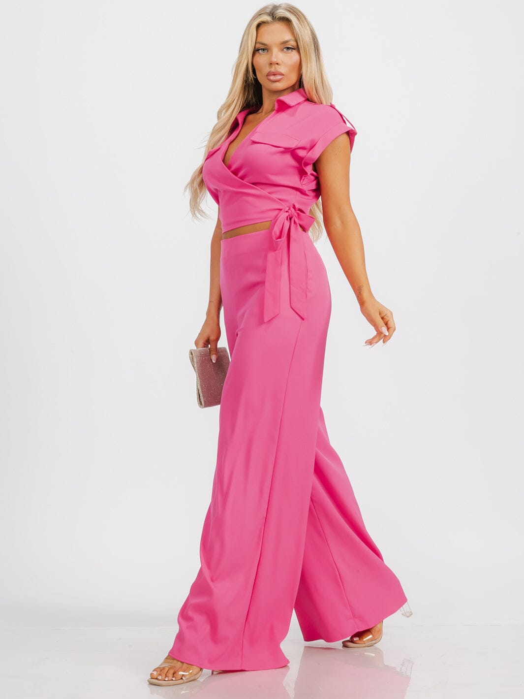 WOMEN'S SHORT SLEEVE WRAP TOP & ZIP UP WIDE LEG PANTS 2PC. SET