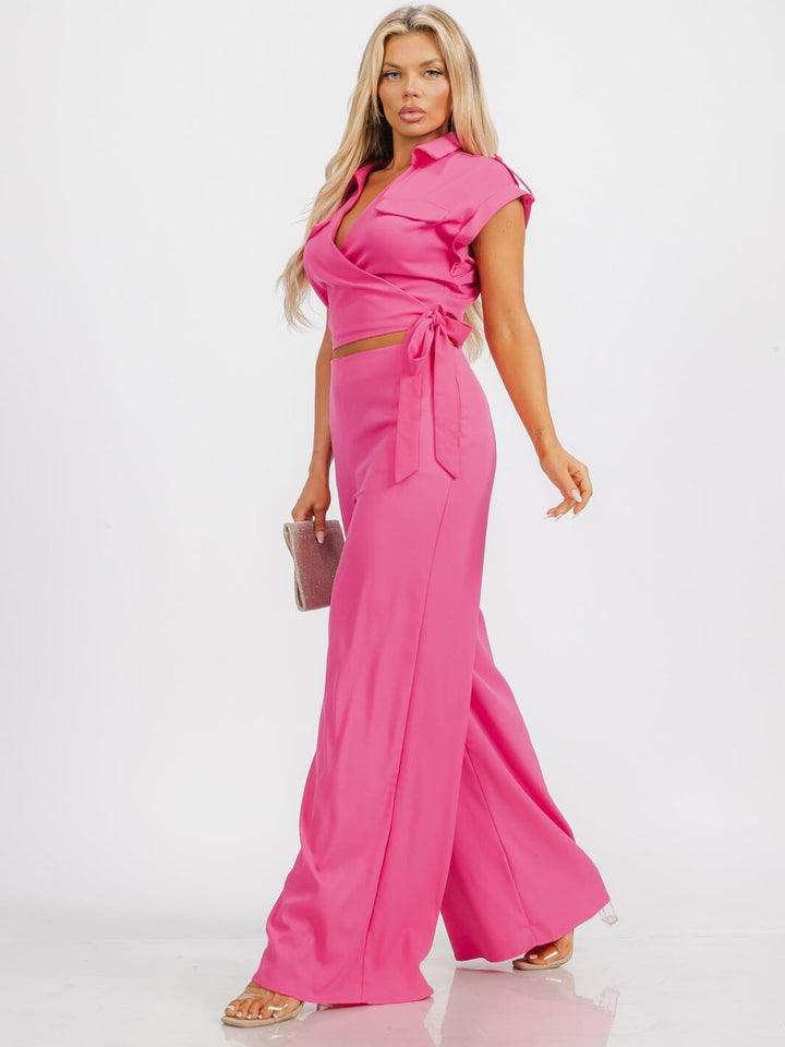 WOMEN'S SHORT SLEEVE WRAP TOP & ZIP UP WIDE LEG PANTS 2PC. SET