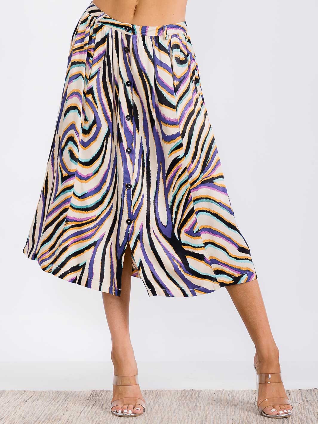 WOMEN'S BUTTON UP MULTI PRINT MIDI SKIRT
