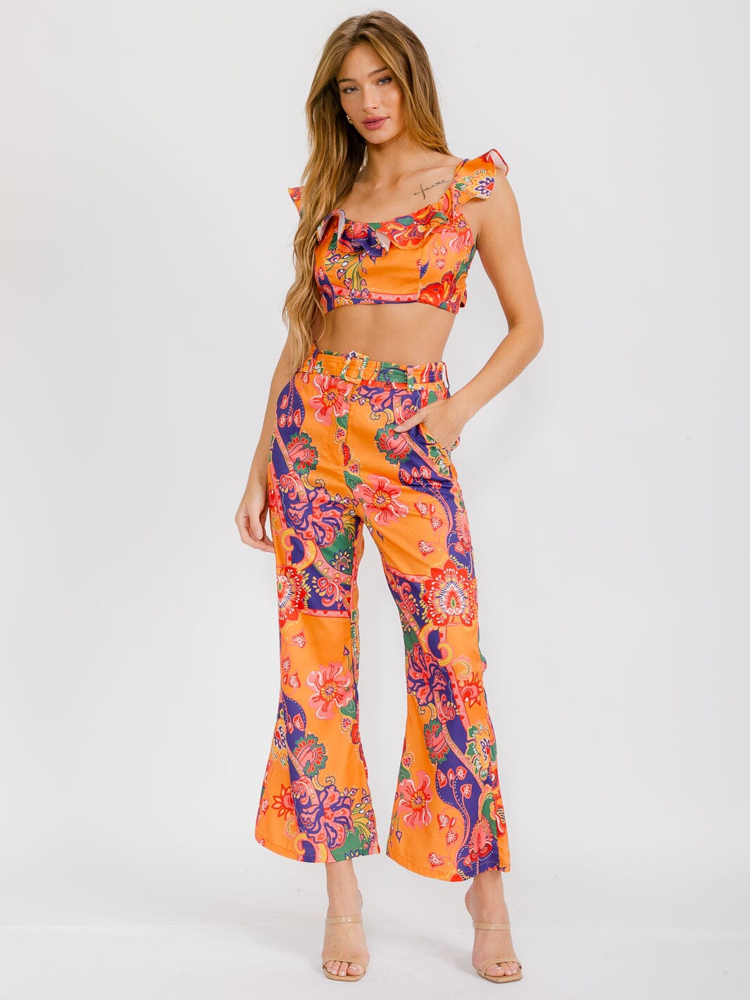 WOMEN'S SLEEVELESS CROP TOP & BELTED PANTS FLORAL 2PC. SET