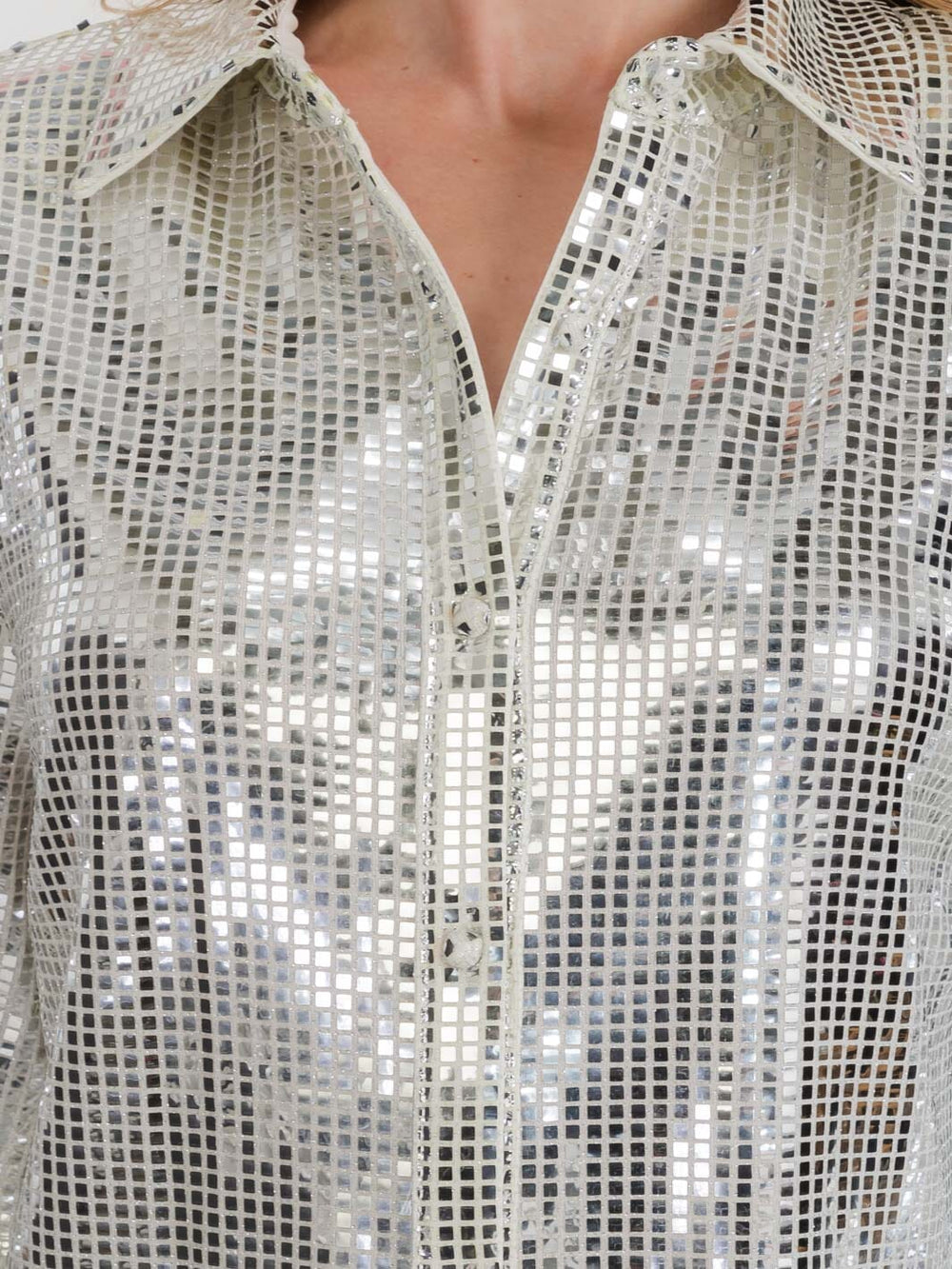 WOMEN'S LONG SLEEVE SHOULDE PADS BUTTON UP SEQUINS TOP
