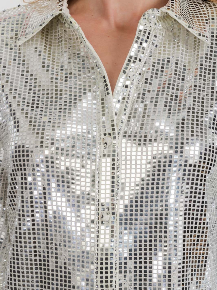 WOMEN'S LONG SLEEVE SHOULDE PADS BUTTON UP SEQUINS TOP