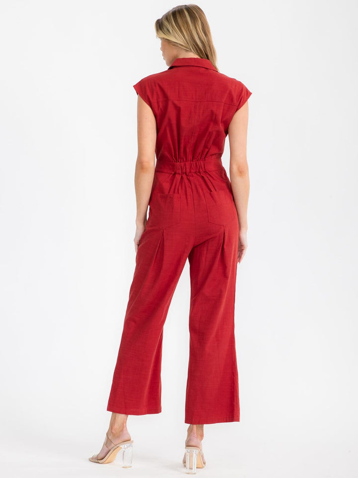 WOMEN'S SLEEVELESS BUTTON UP POCKETS WIDE LEG JUMPSUIT