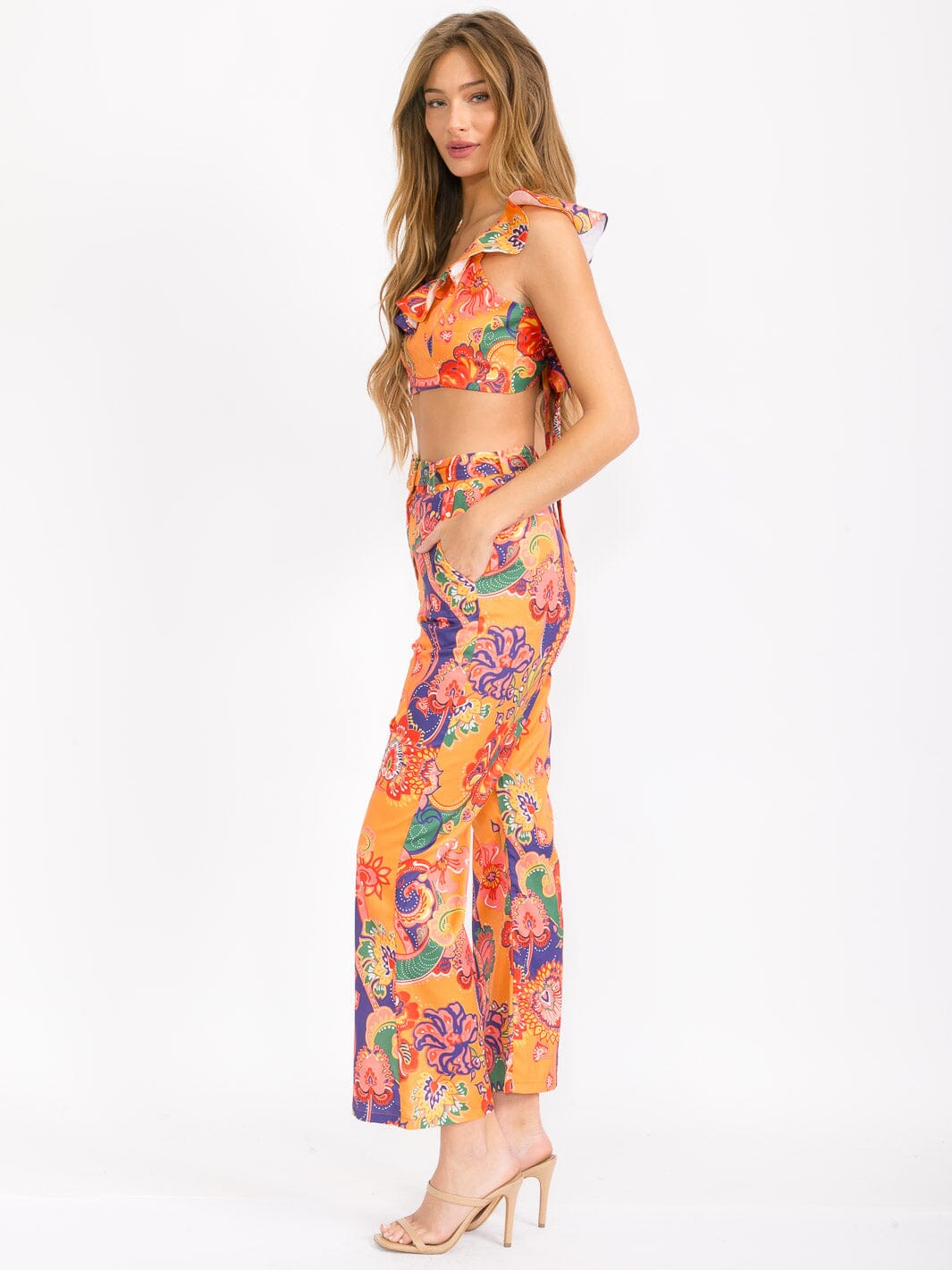 WOMEN'S SLEEVELESS CROP TOP & BELTED PANTS FLORAL 2PC. SET