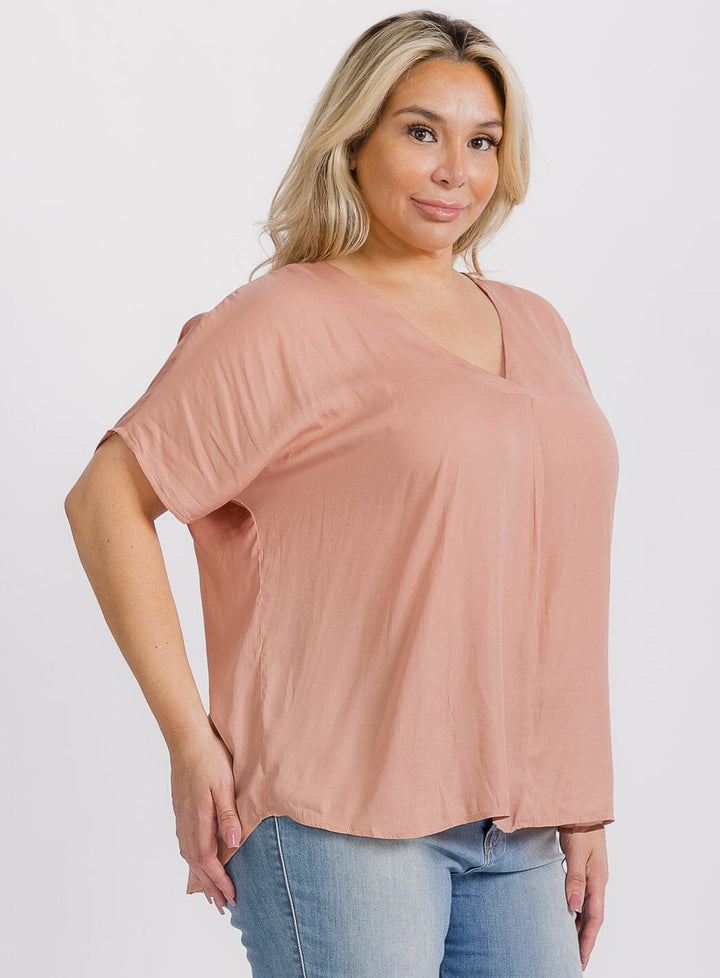 PLUS SIZE SHORT SLEEVE V-NECK TUNIC BLOUSE
