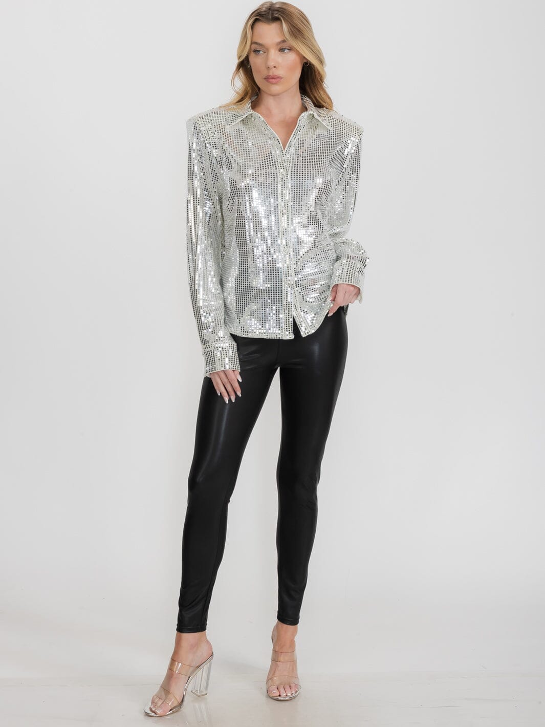 WOMEN'S LONG SLEEVE SHOULDE PADS BUTTON UP SEQUINS TOP