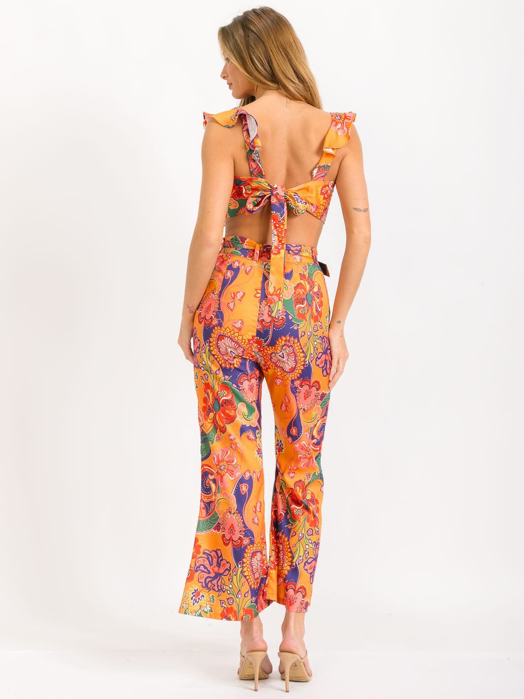 WOMEN'S SLEEVELESS CROP TOP & BELTED PANTS FLORAL 2PC. SET