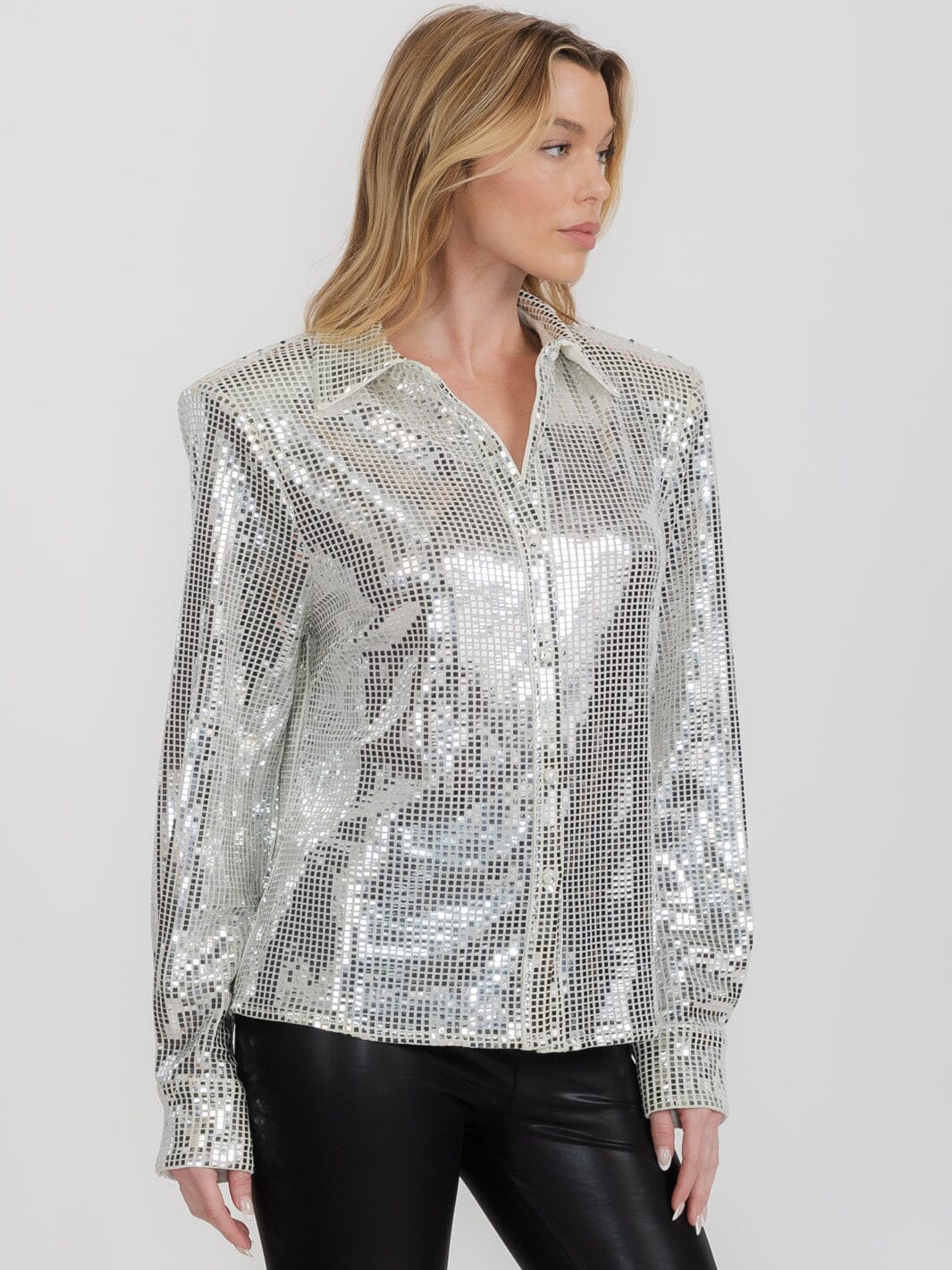 WOMEN'S LONG SLEEVE SHOULDE PADS BUTTON UP SEQUINS TOP