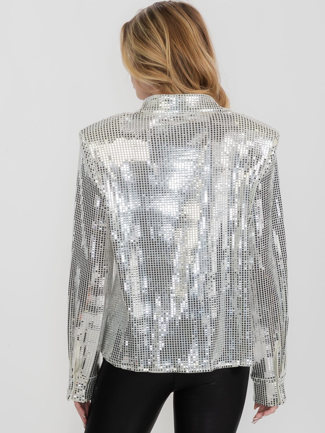 WOMEN'S LONG SLEEVE SHOULDE PADS BUTTON UP SEQUINS TOP
