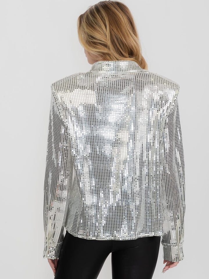 WOMEN'S LONG SLEEVE SHOULDE PADS BUTTON UP SEQUINS TOP