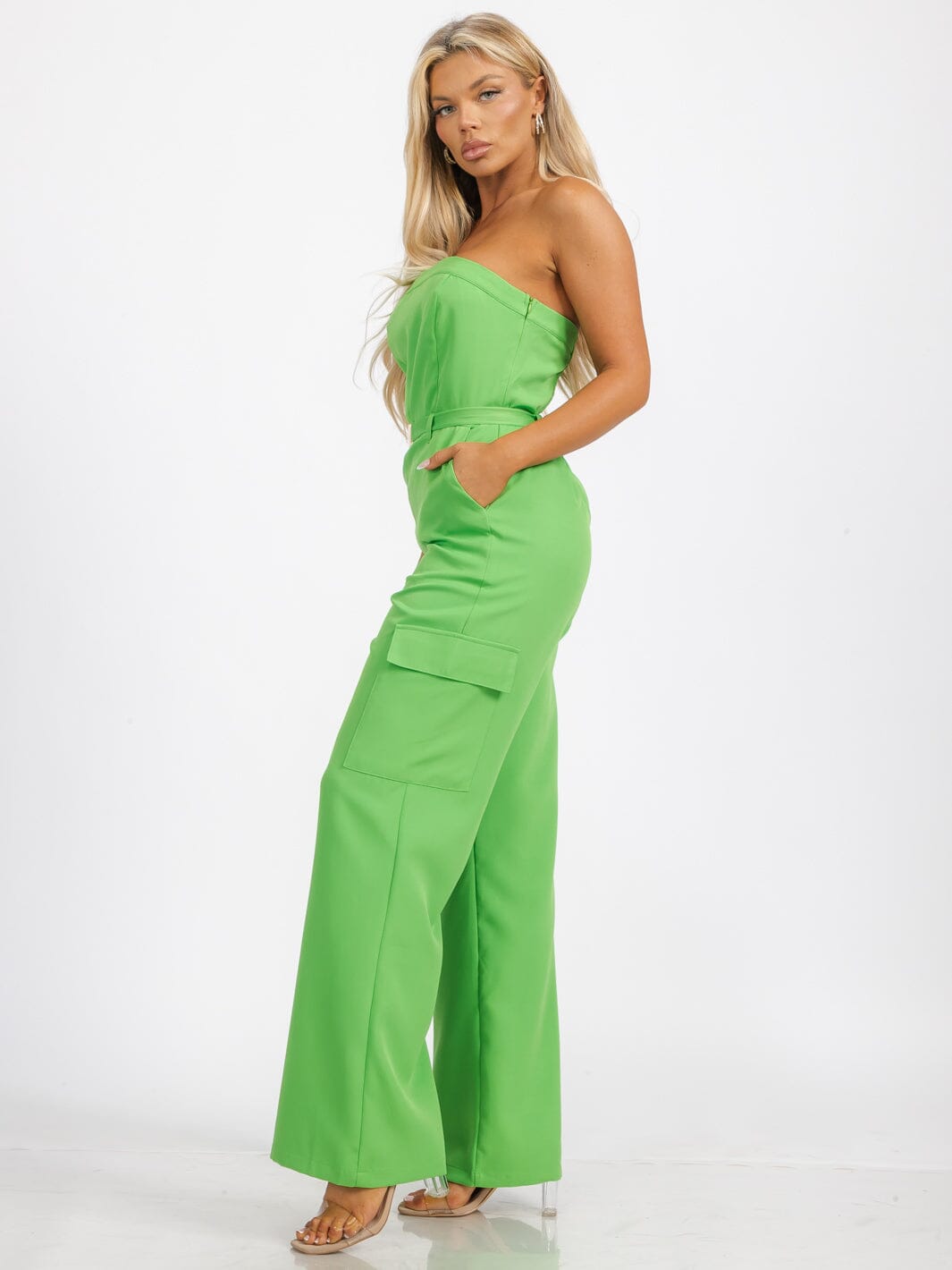 WOMEN'S SLEEVELESS SMOCK BELTED POCKETS WIDE LEG JUMPSUIT