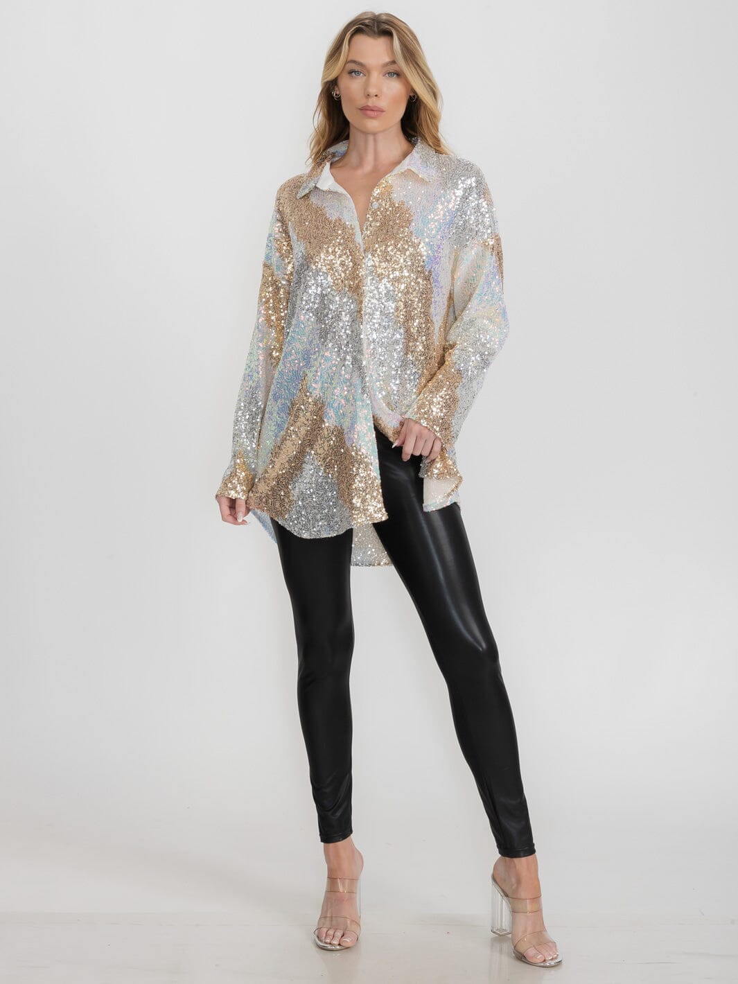 WOMEN'S LONG SLEEVE BUTTON UP MULTI COLOR SEQUINS TOP
