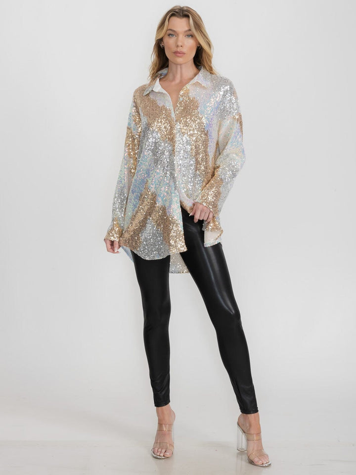 WOMEN'S LONG SLEEVE BUTTON UP MULTI COLOR SEQUINS TOP