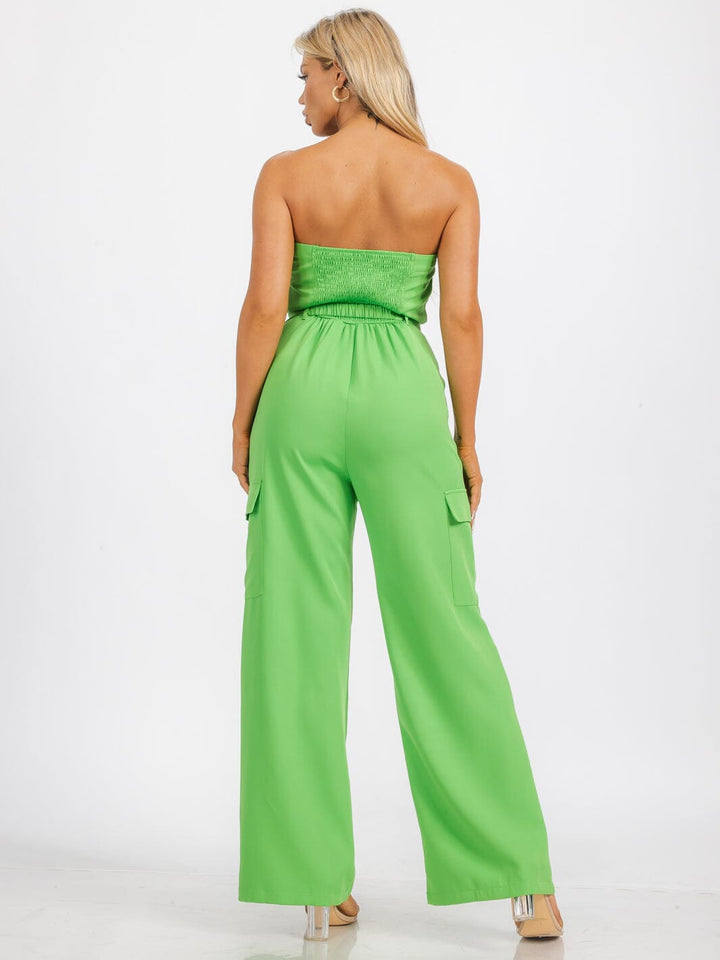 WOMEN'S SLEEVELESS SMOCK BELTED POCKETS WIDE LEG JUMPSUIT