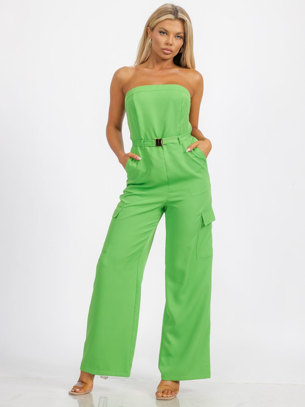 WOMEN'S SLEEVELESS SMOCK BELTED POCKETS WIDE LEG JUMPSUIT