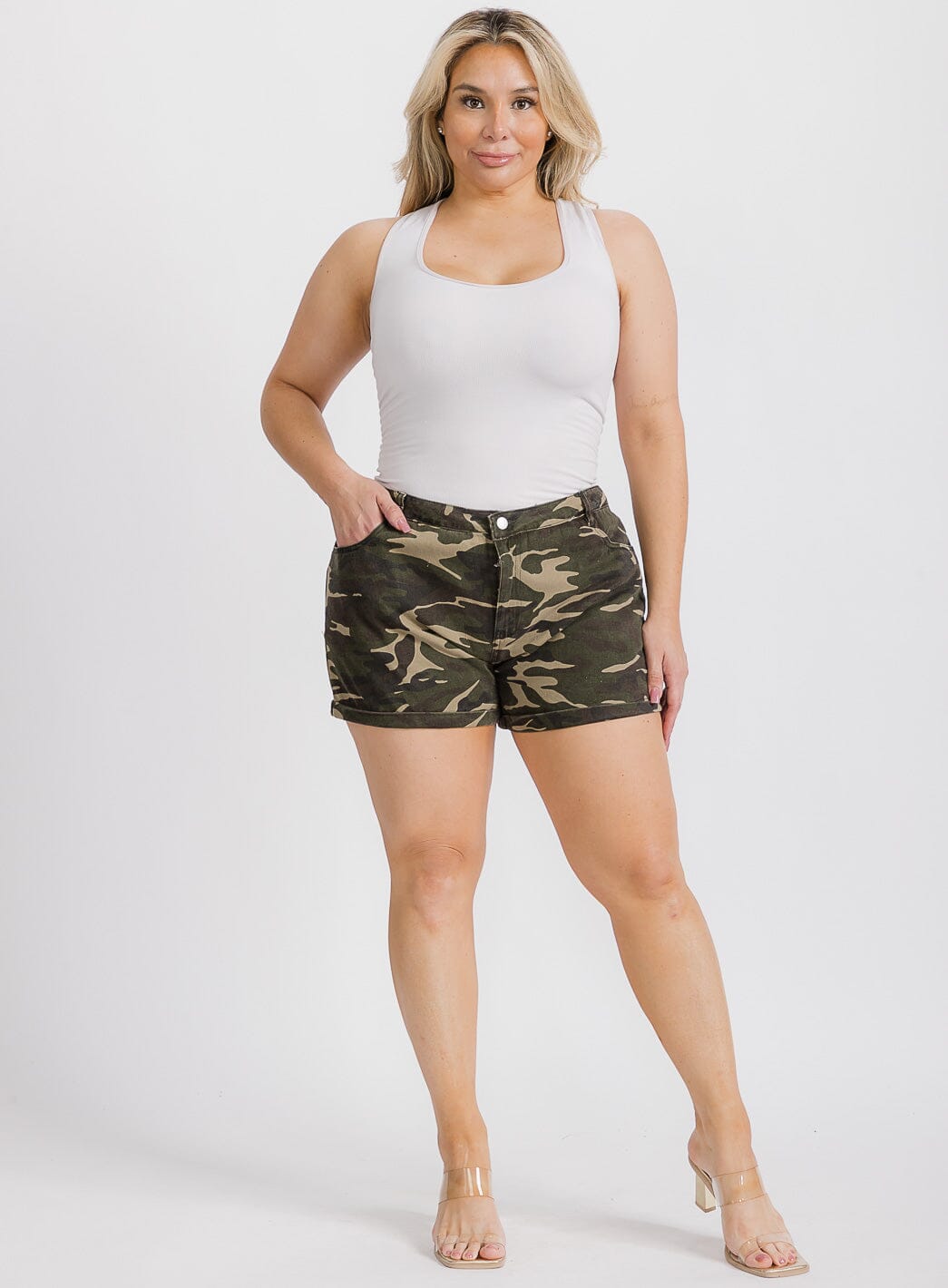 PLUS SIZE BUTTON CLOSURE POCKETS CAMO PRINT DENIM SHORTS