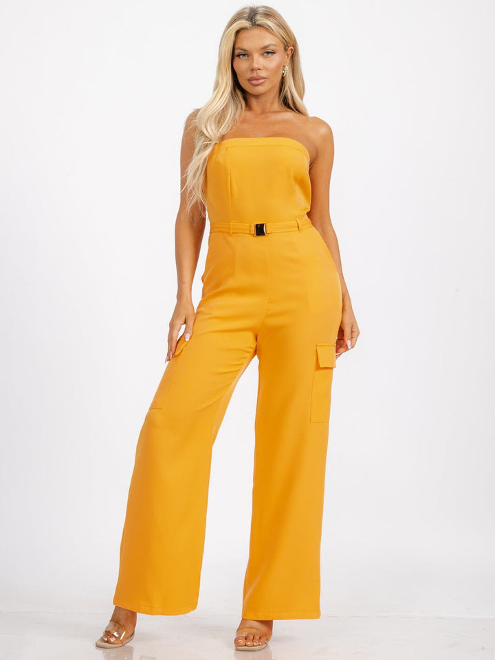 WOMEN'S SLEEVELESS SMOCK BELTED POCKETS WIDE LEG JUMPSUIT