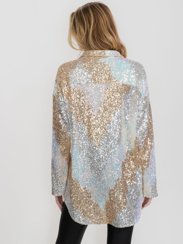 WOMEN'S LONG SLEEVE BUTTON UP MULTI COLOR SEQUINS TOP