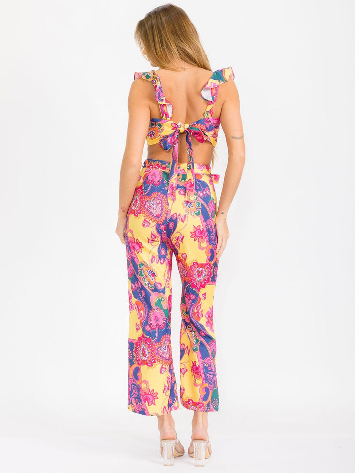 WOMEN'S SLEEVELESS CROP TOP & BELTED PANTS FLORAL 2PC. SET