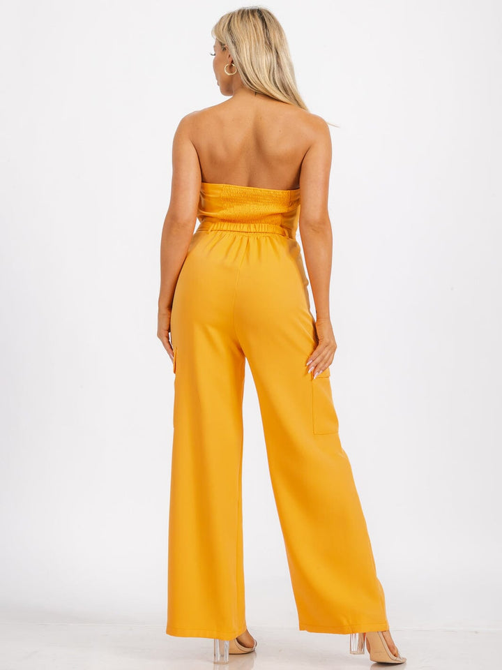 WOMEN'S SLEEVELESS SMOCK BELTED POCKETS WIDE LEG JUMPSUIT