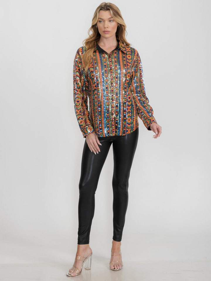 WOMEN'S LONG SLEEVE BUTTON UP MULTI COLOR SEQUINS TOP