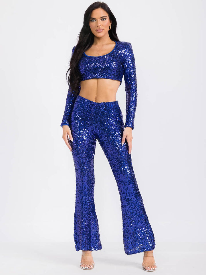 WOMEN'S LONG SLEEVE CROP TOP & ELASTIC WAIST PANTS SEQUINS 2PC. SET