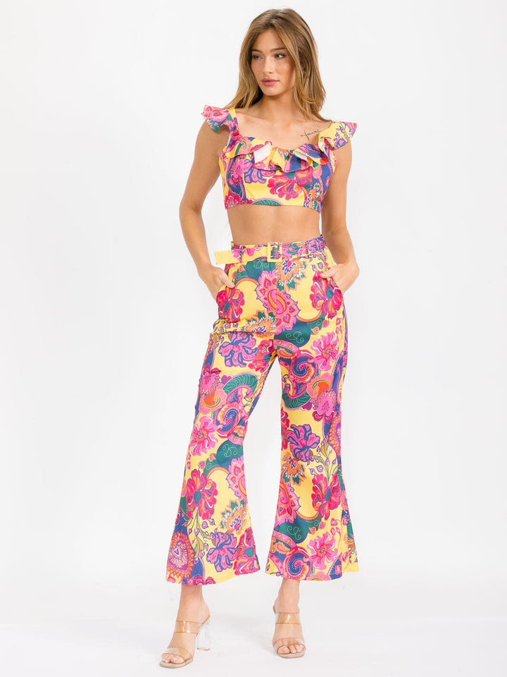WOMEN'S SLEEVELESS CROP TOP & BELTED PANTS FLORAL 2PC. SET