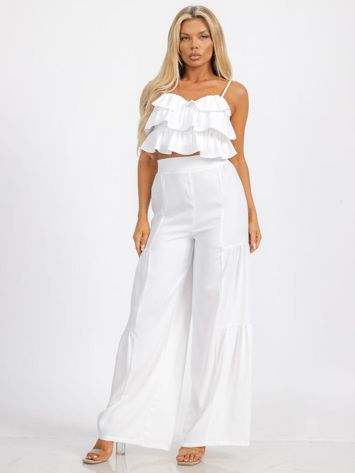 WOMEN'S SLEEVELESS CROP TOP & ELASTIC WAIST BELL LEG RUFFLE PANTS 2PC. SET