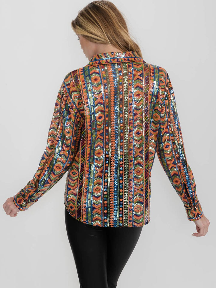WOMEN'S LONG SLEEVE BUTTON UP MULTI COLOR SEQUINS TOP