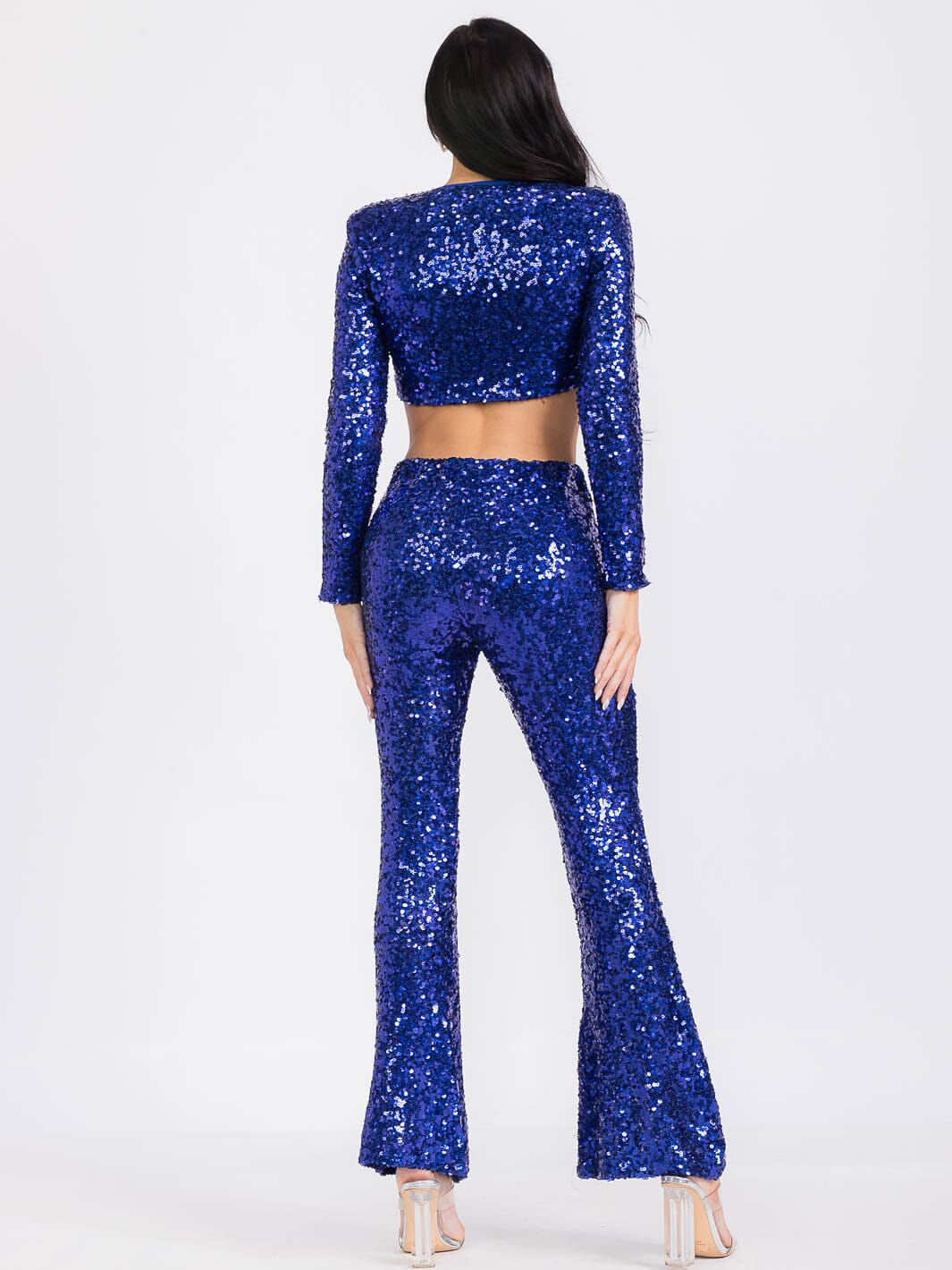 WOMEN'S LONG SLEEVE CROP TOP & ELASTIC WAIST PANTS SEQUINS 2PC. SET