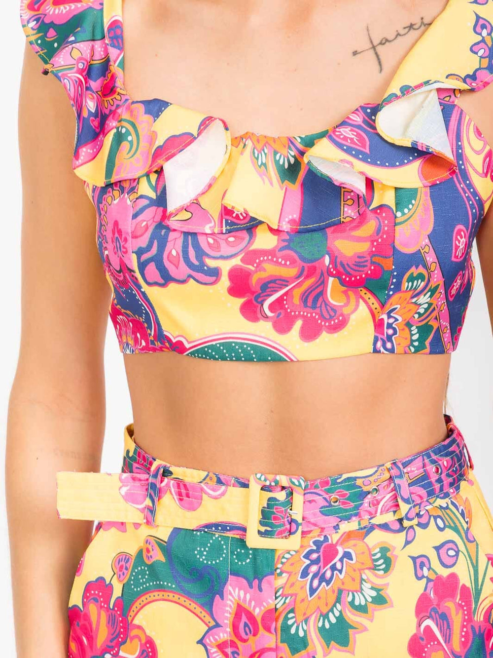 WOMEN'S SLEEVELESS CROP TOP & BELTED PANTS FLORAL 2PC. SET
