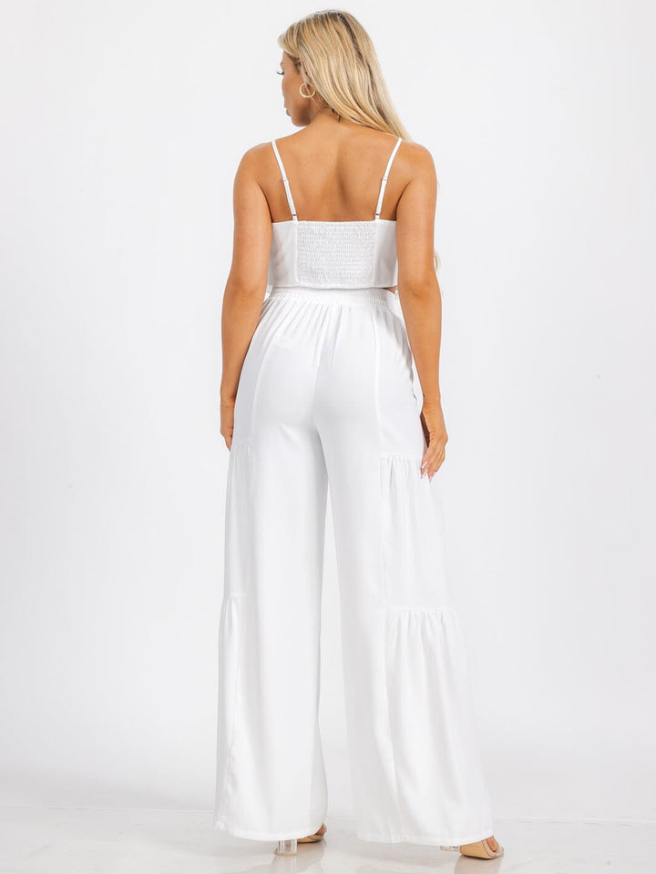 WOMEN'S SLEEVELESS CROP TOP & ELASTIC WAIST BELL LEG RUFFLE PANTS 2PC. SET