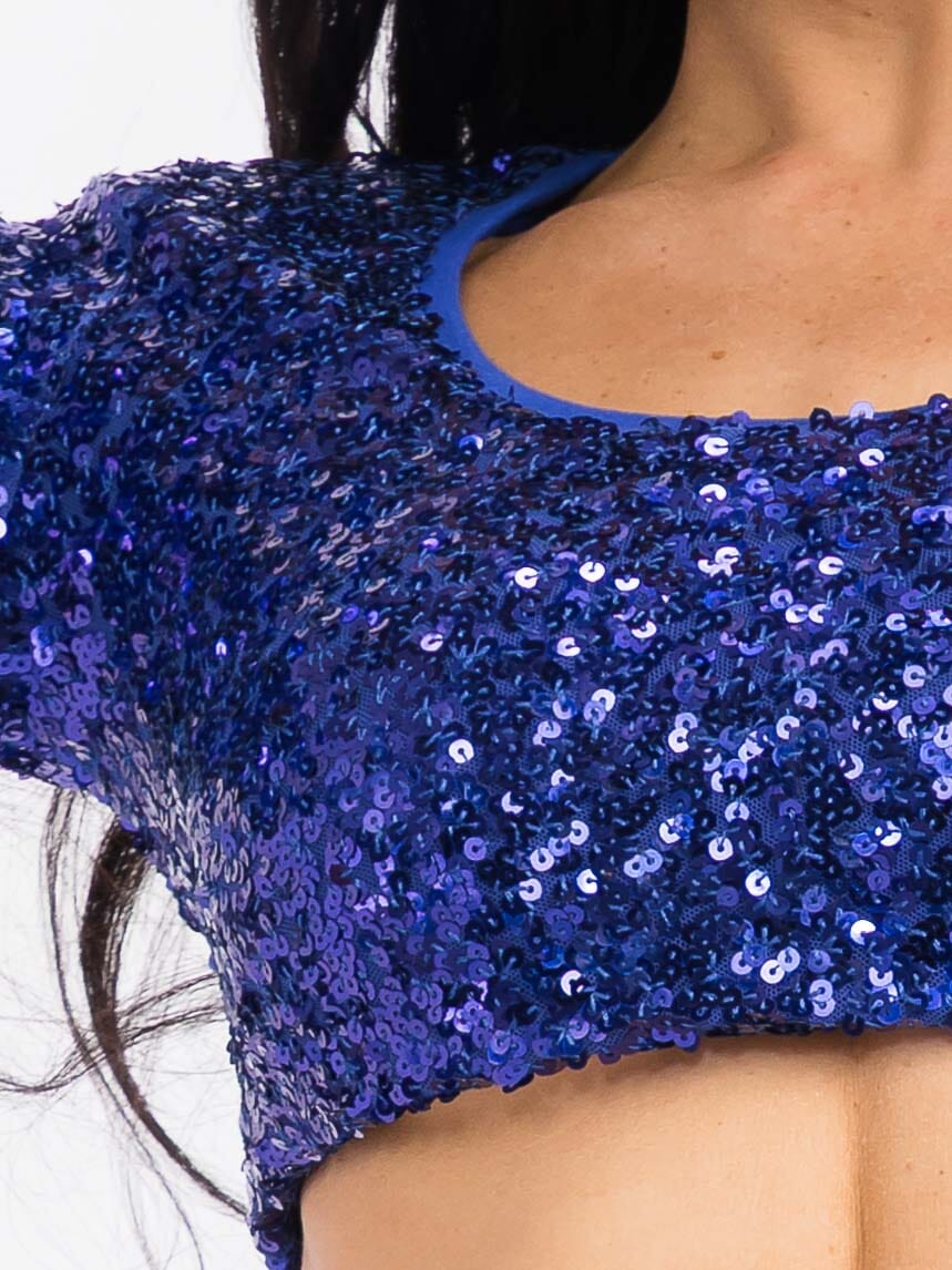 WOMEN'S LONG SLEEVE CROP TOP & ELASTIC WAIST PANTS SEQUINS 2PC. SET