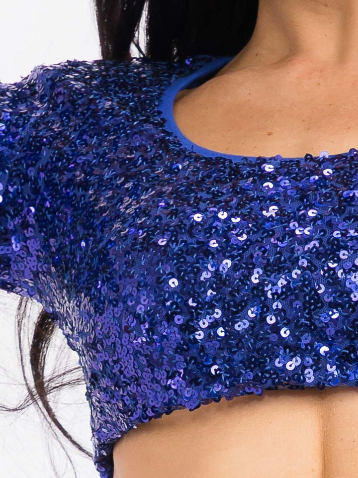 WOMEN'S LONG SLEEVE CROP TOP & ELASTIC WAIST PANTS SEQUINS 2PC. SET