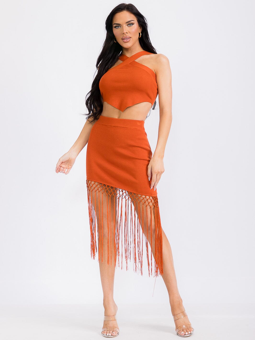 WOMEN'S CROP TOP & ELASTIC WAIST SKIRT FRINGE 2PC. SET