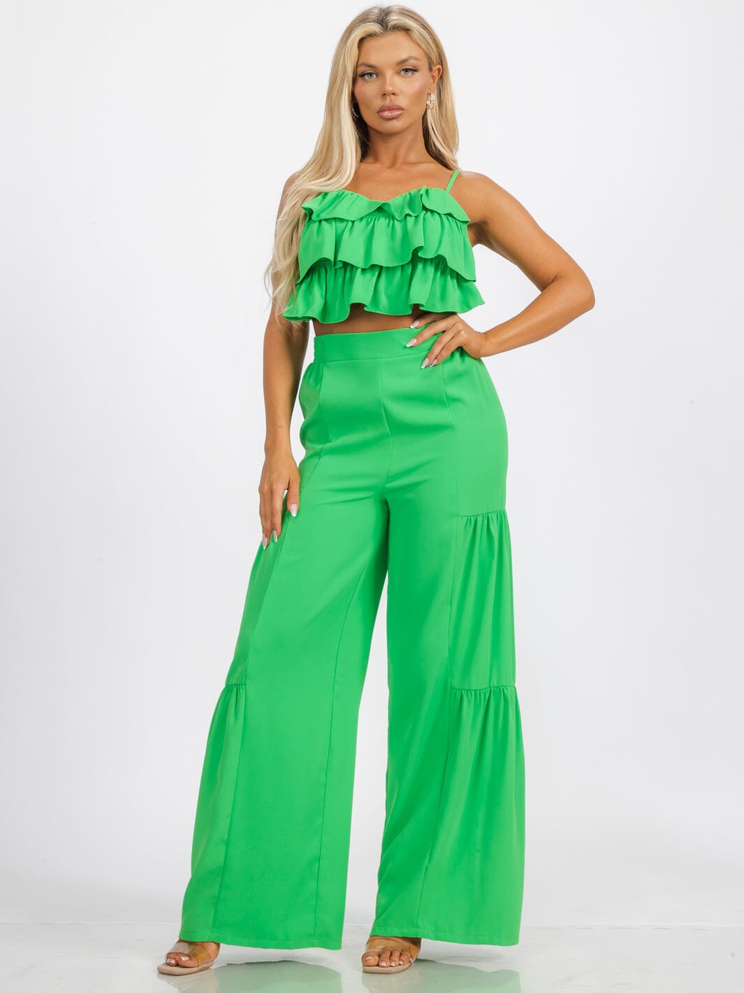 WOMEN'S SLEEVELESS CROP TOP & ELASTIC WAIST BELL LEG RUFFLE PANTS 2PC. SET