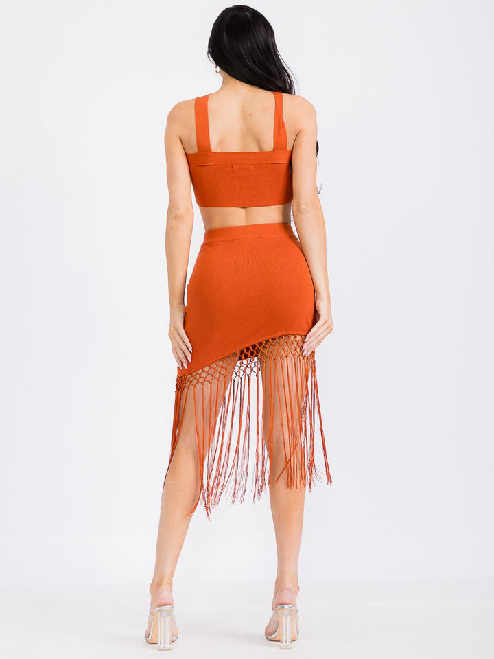 WOMEN'S CROP TOP & ELASTIC WAIST SKIRT FRINGE 2PC. SET
