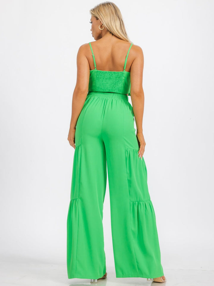 WOMEN'S SLEEVELESS CROP TOP & ELASTIC WAIST BELL LEG RUFFLE PANTS 2PC. SET