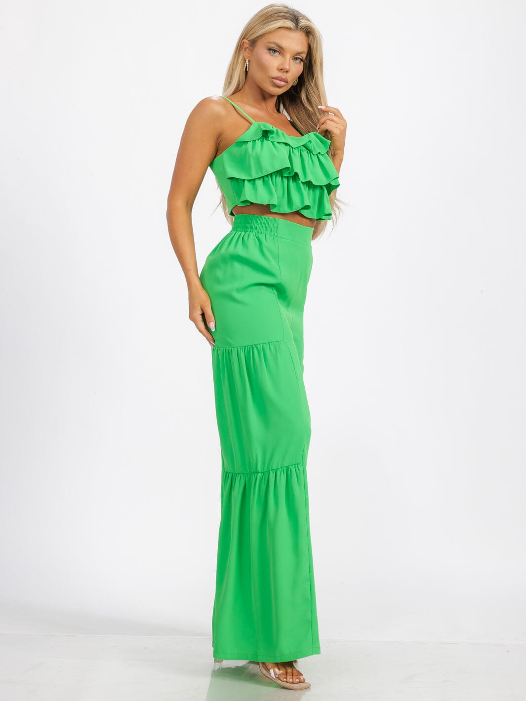 WOMEN'S SLEEVELESS CROP TOP & ELASTIC WAIST BELL LEG RUFFLE PANTS 2PC. SET