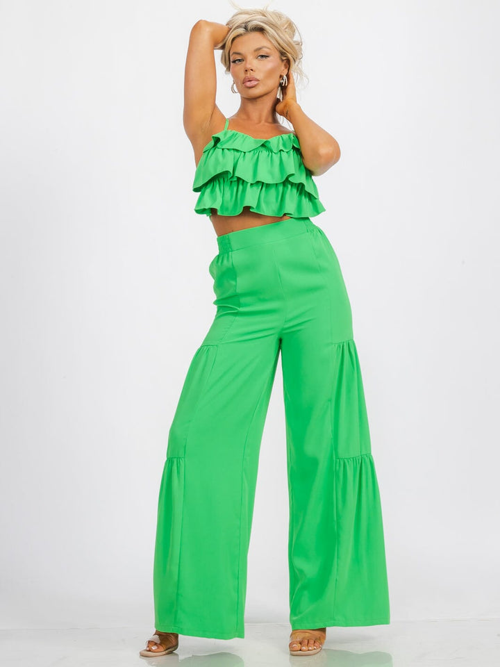 WOMEN'S SLEEVELESS CROP TOP & ELASTIC WAIST BELL LEG RUFFLE PANTS 2PC. SET