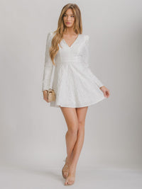 WOMEN'S LONG SLEEVE V-NECK DETAILED FIR & FLARE MINI DRESS