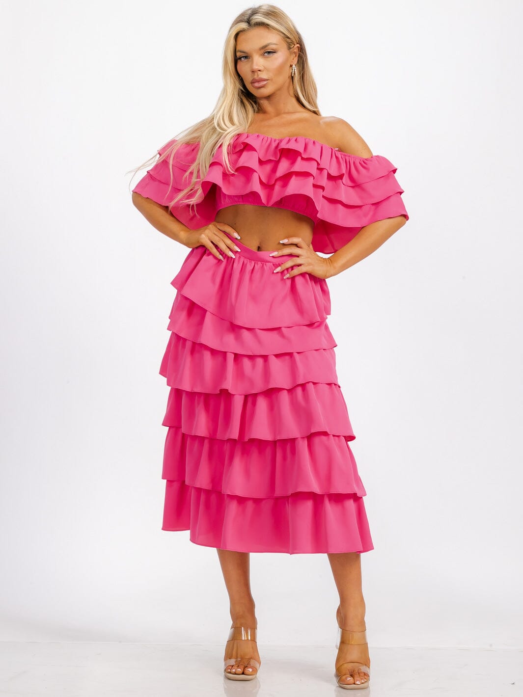 WOMEN'S OFF SHOULDER CROP TOP & ELASTIC WASIT RUFFLE TIERED MAXI SKIRT 2PC. SET