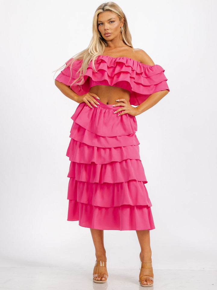 WOMEN'S OFF SHOULDER CROP TOP & ELASTIC WASIT RUFFLE TIERED MAXI SKIRT 2PC. SET