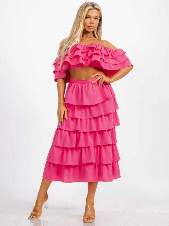 WOMEN'S OFF SHOULDER CROP TOP & ELASTIC WASIT RUFFLE TIERED MAXI SKIRT 2PC. SET