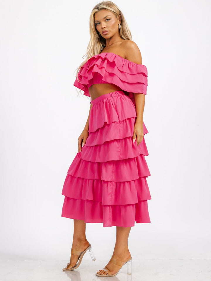 WOMEN'S OFF SHOULDER CROP TOP & ELASTIC WASIT RUFFLE TIERED MAXI SKIRT 2PC. SET