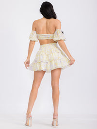 WOMEN'S CROP TOP & TIERED MINI SKIRT FLORAL SMOCK 2PC. SET