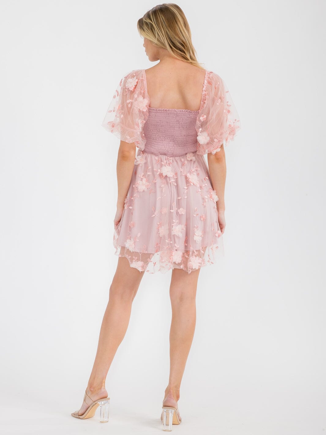 WOMEN'S SHORT SLEEVE SQUARE NECK SMOCK FLORAL MINI DRESS