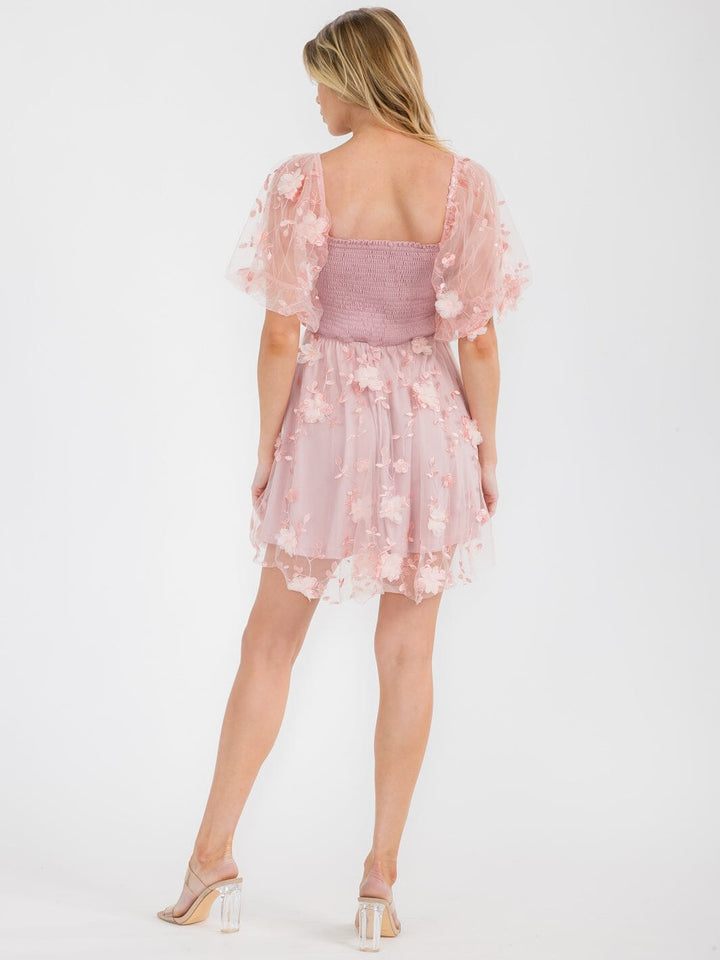 WOMEN'S SHORT SLEEVE SQUARE NECK SMOCK FLORAL MINI DRESS