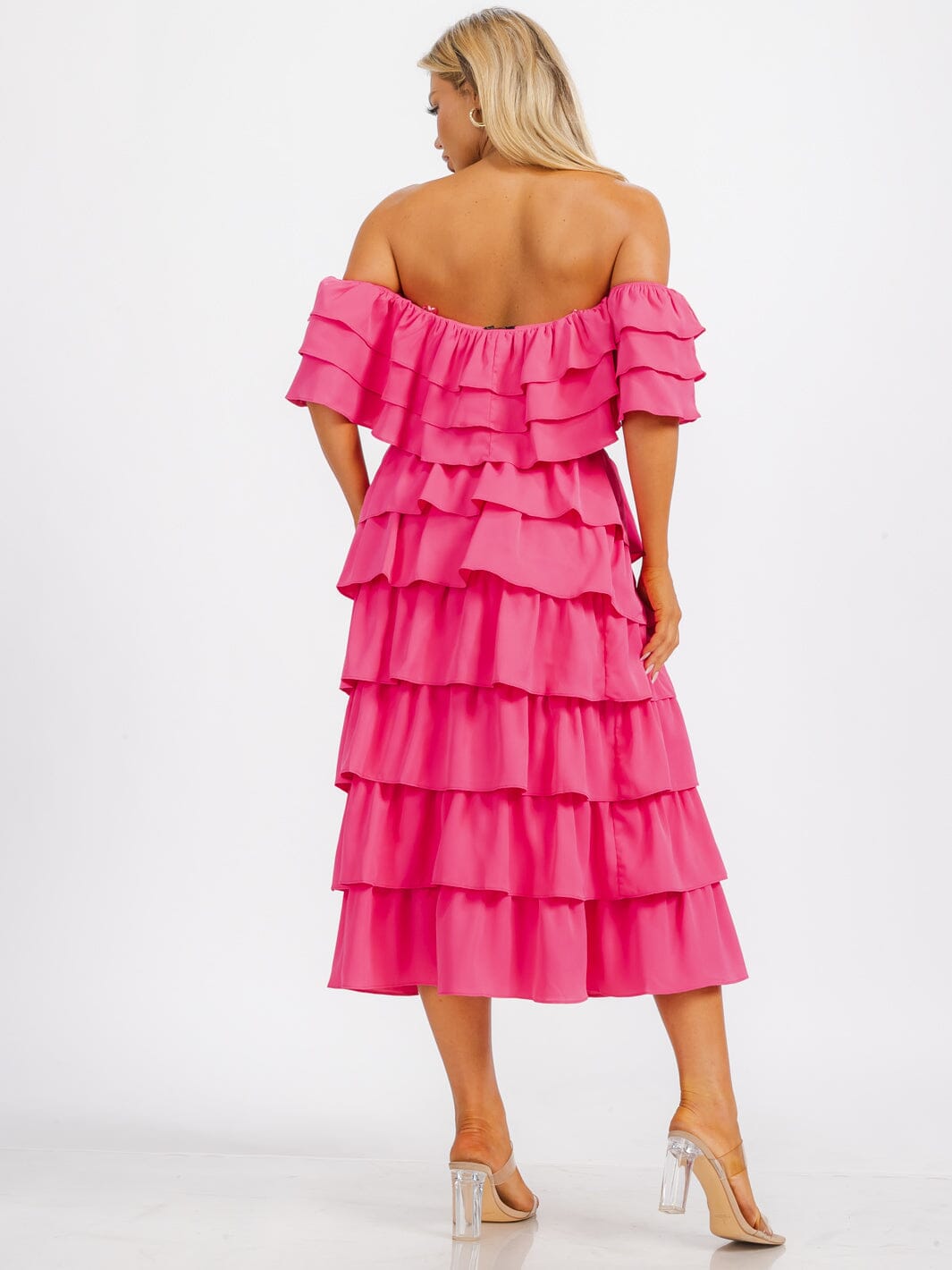WOMEN'S OFF SHOULDER CROP TOP & ELASTIC WASIT RUFFLE TIERED MAXI SKIRT 2PC. SET