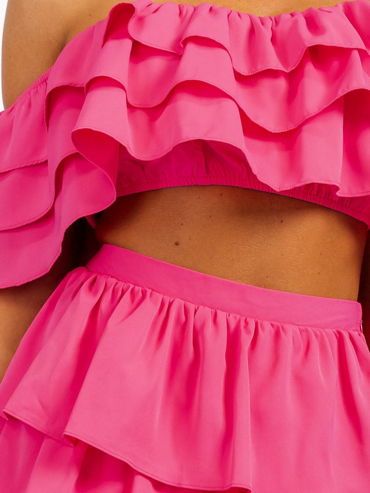 WOMEN'S OFF SHOULDER CROP TOP & ELASTIC WASIT RUFFLE TIERED MAXI SKIRT 2PC. SET